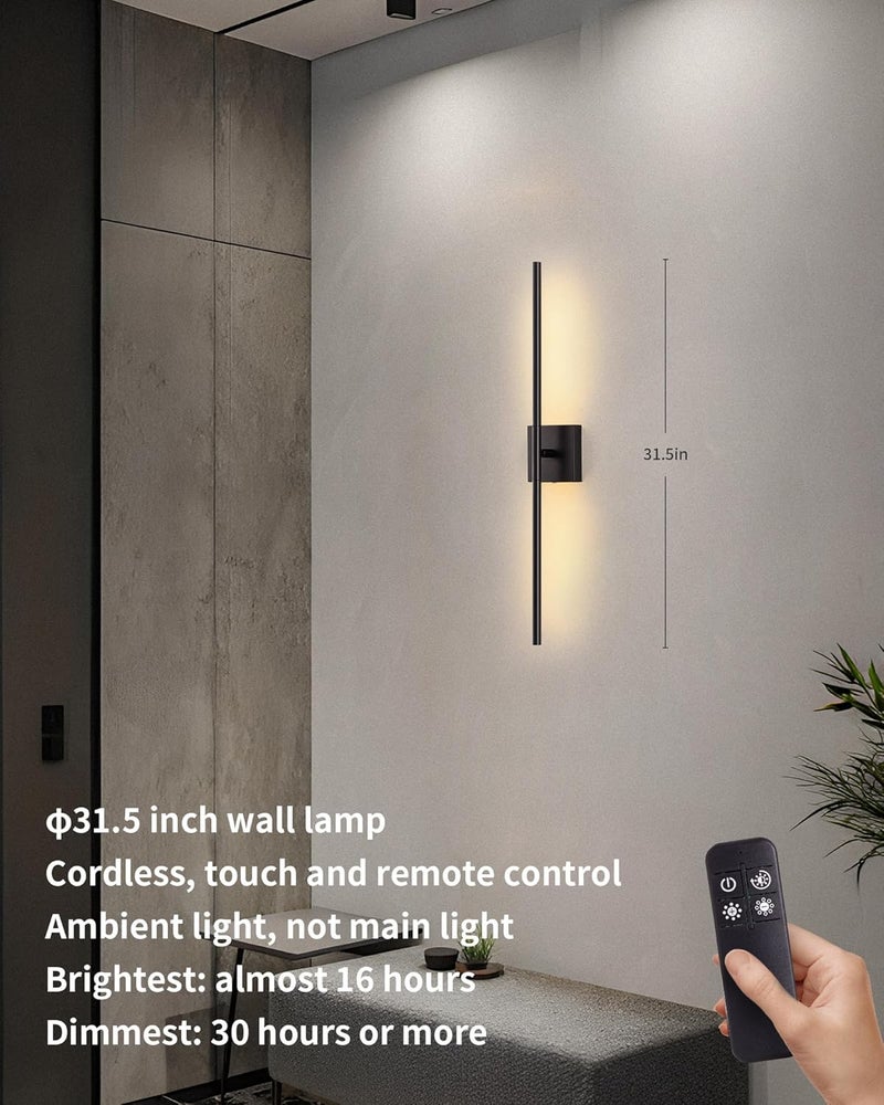 KDG Cordless Wall Sconces Set of 2, Wireless 5200mAh Rechargeable Battery Operated LED Wall Lamps with Remote, 360° Rotate Lightings for Wall Painting, Bedroom, Hallway, Night Light 31.5 inch (Black) - Image 1